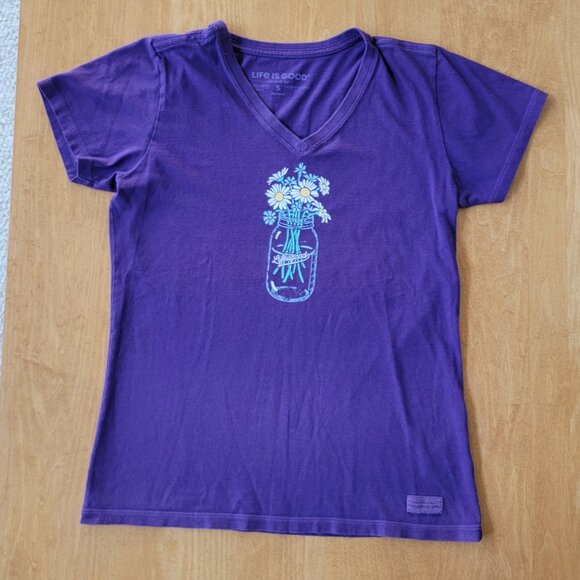 Life Is Good Purple V-Neck Daisies in Mason Jar Short Sleeve Crusher Tee - S - Picture 4 of 8